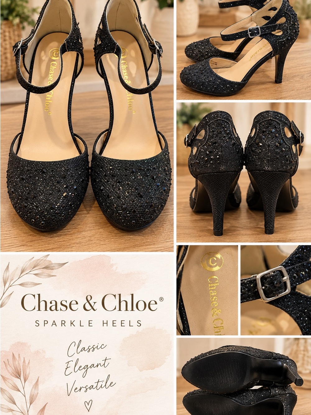 Chase + Chloe Black Sparkle T-Strap Evening Heels Size 9